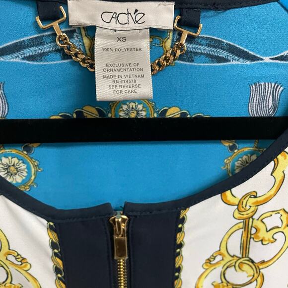 Y2K Cache Nautical Tassel Chain Print Zip Up Adjustable Blouse Blue Womens XS - Picture 4 of 5